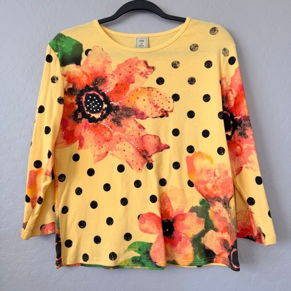 Jess & Jane Large Floral Polka Dot Top Yellow Long Sleeve Rhinestone Art to Wear